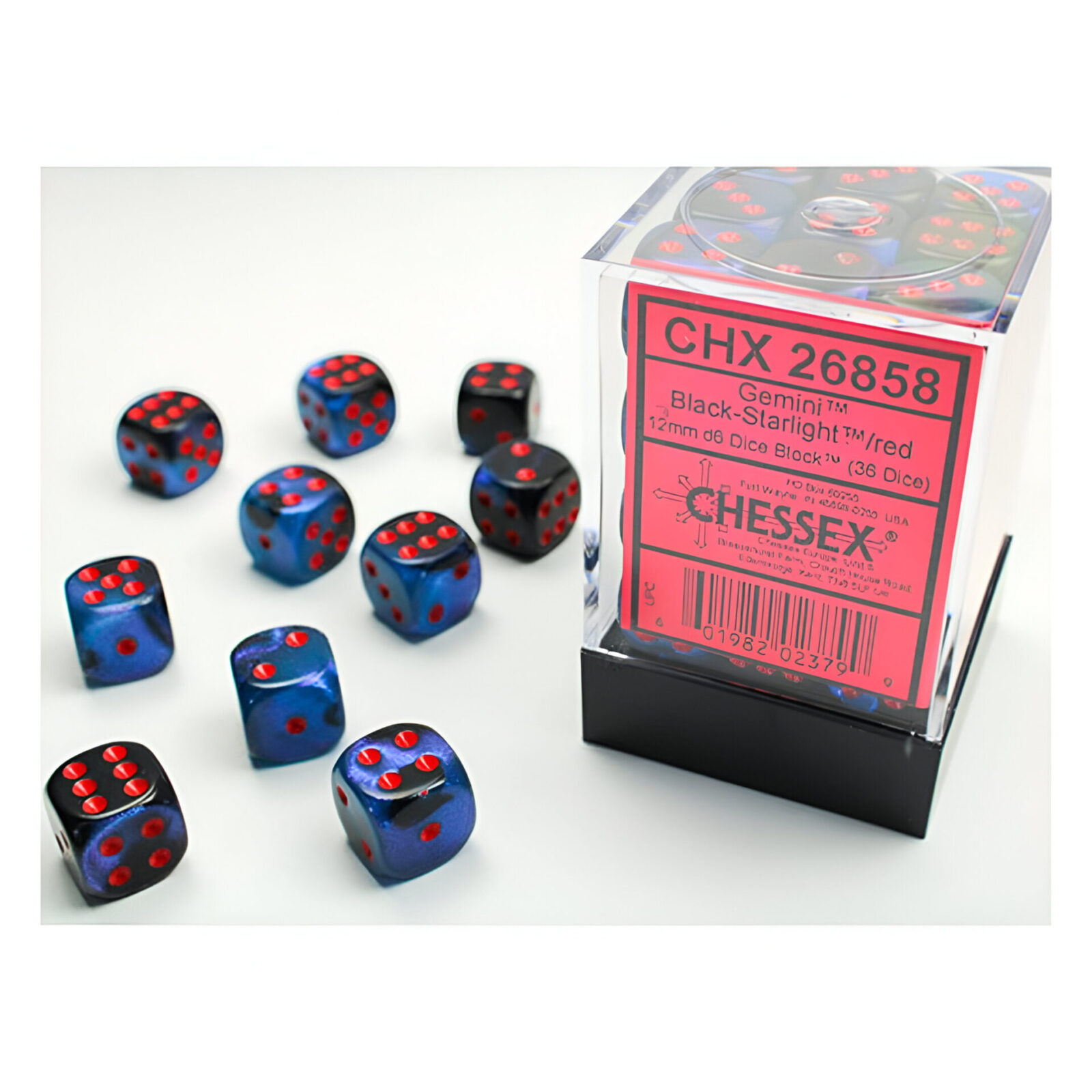 Chessex – Gemini 12mm D6 Dice Block – Black & Starlight w/Red