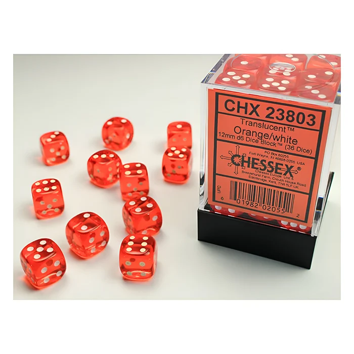 Chessex – Translucent 12mm D6 Dice Block – Orange w/white 3