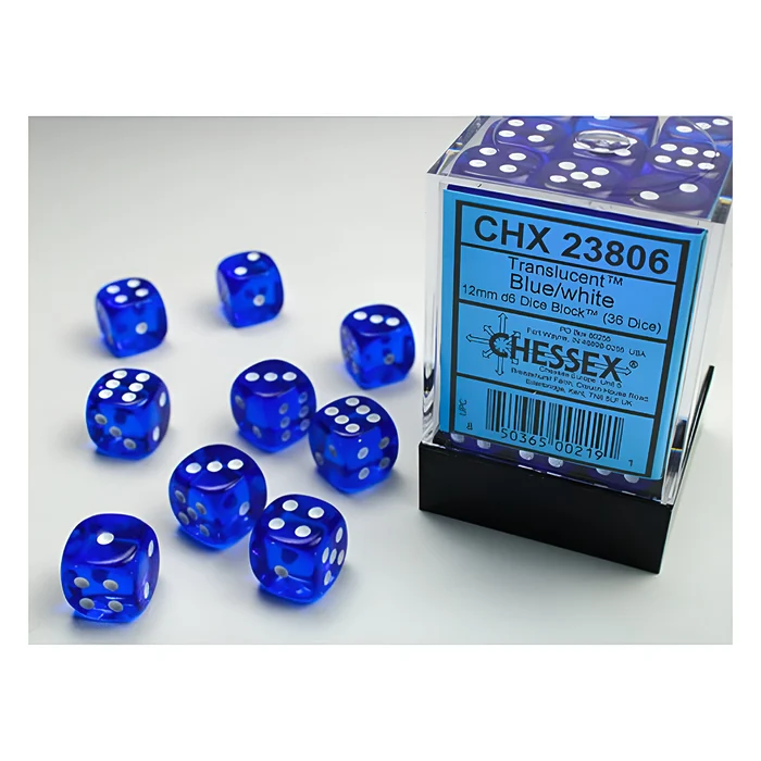 Chessex – Translucent 12mm D6 Dice Block – Blue w/white 3