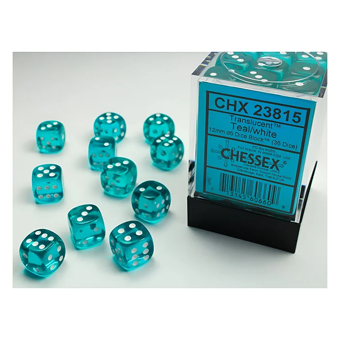 Chessex – Translucent 12mm D6 Dice Block – Teal w/white 3