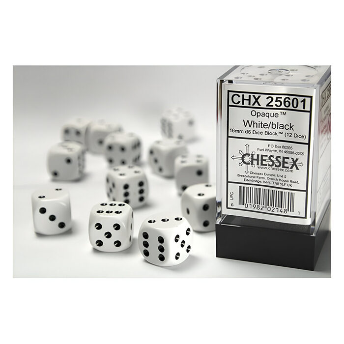 Chessex – Opaque 16mm D6 Dice Block – White w/Black