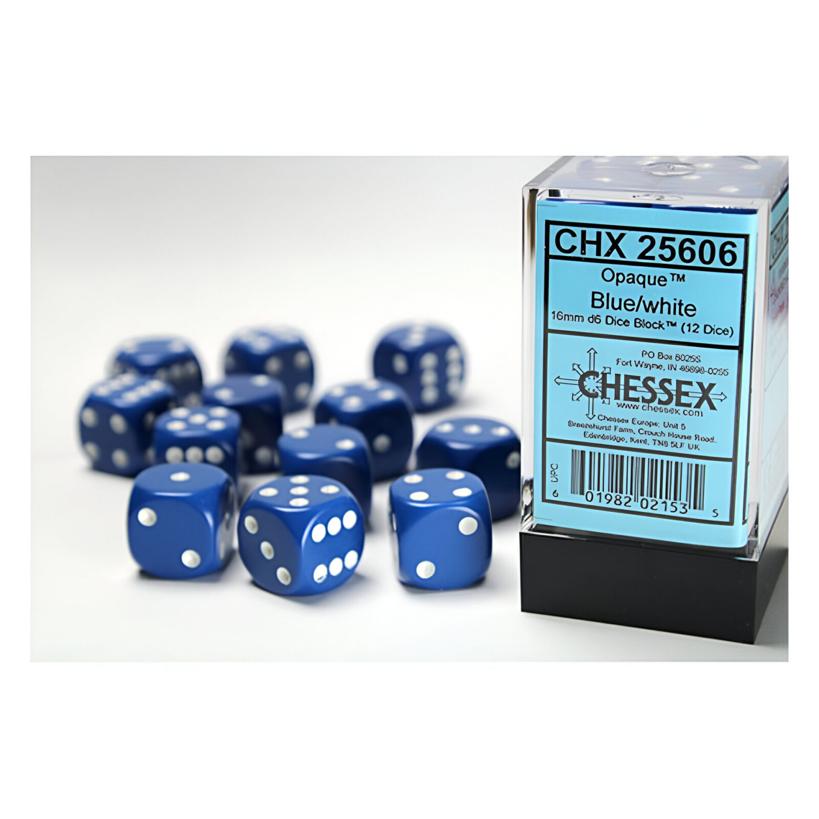 Chessex – Opaque 16mm D6 Dice Block – Blue w/White