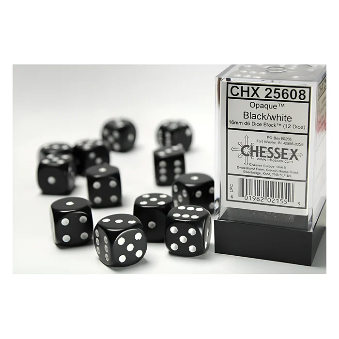 Chessex – Opaque 16mm D6 Dice Block – Black w/White 3
