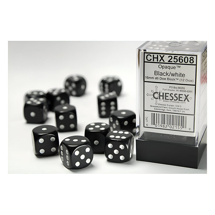 Chessex – Opaque 16mm D6 Dice Block – Black w/White