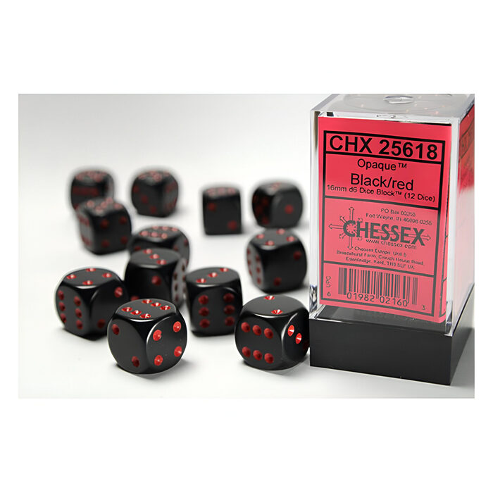 Chessex – Opaque 16mm D6 Dice Block – Black w/Red