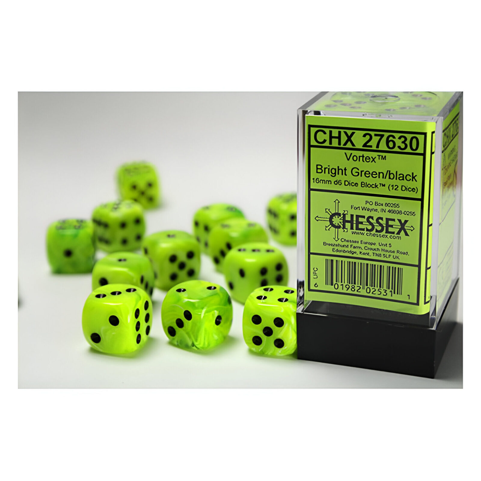 Chessex – Vortex 16mm D6 Dice Block –  Bright Green &  w/Black