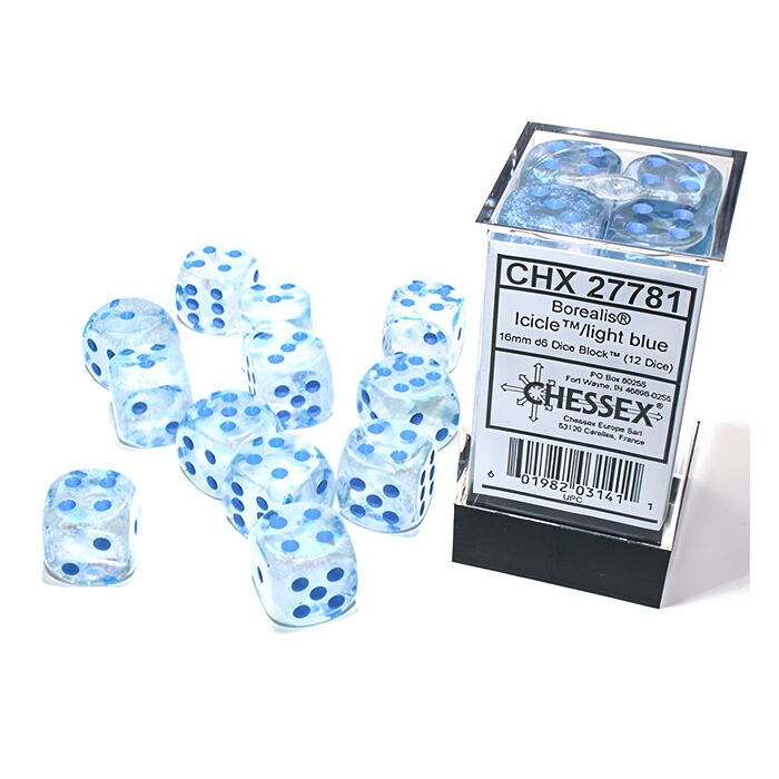 Chessex – Borealis 16mm D6 Dice Block – Luminary Icicle light Blue Dice Block