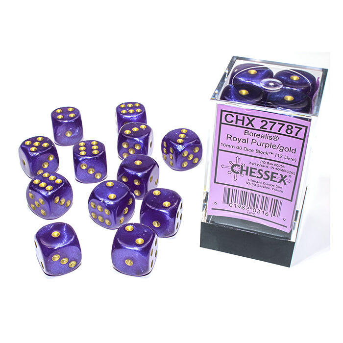 Chessex – Borealis 16mm D6 Dice Block – Luminary Royal Purple & Gold Dice Block