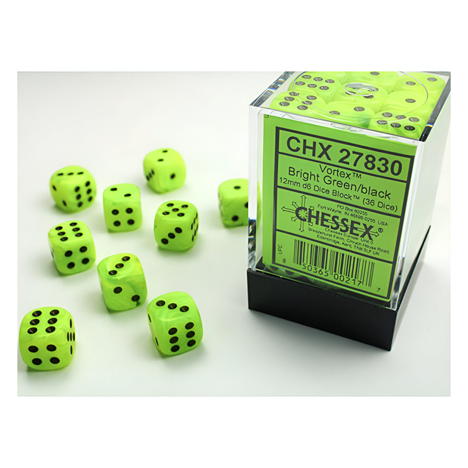 Chessex – Vortex 12mm D6 Dice Block – Bright Green w/Black