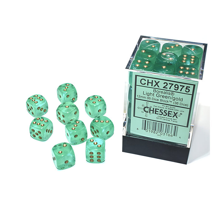 Chessex – Borealis 12mm D6 Dice Block – Luminary Light Green & Gold Dice Block