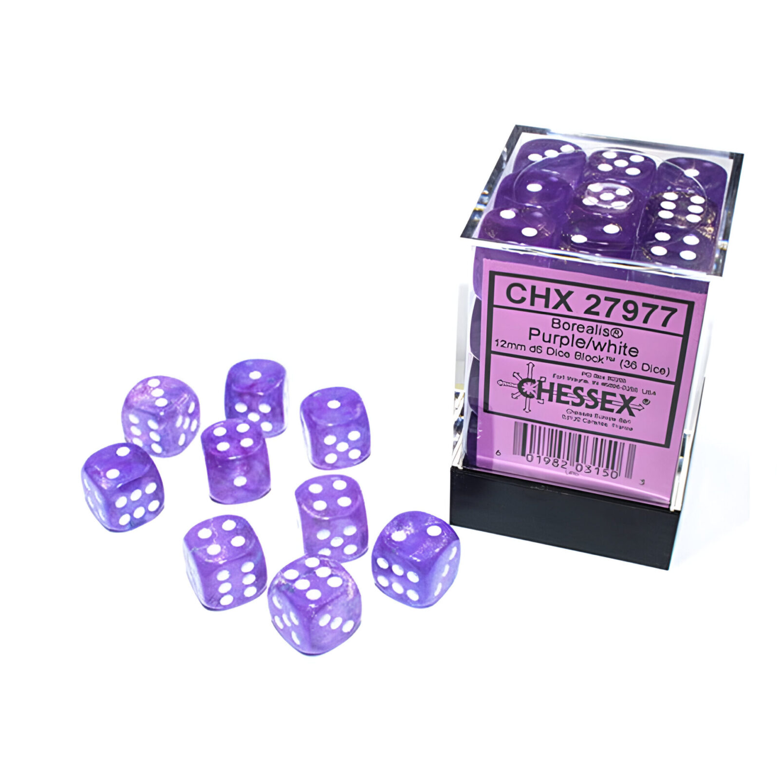 Chessex – Borealis 12mm D6 Dice Block – Luminary Purple & White Dice Block