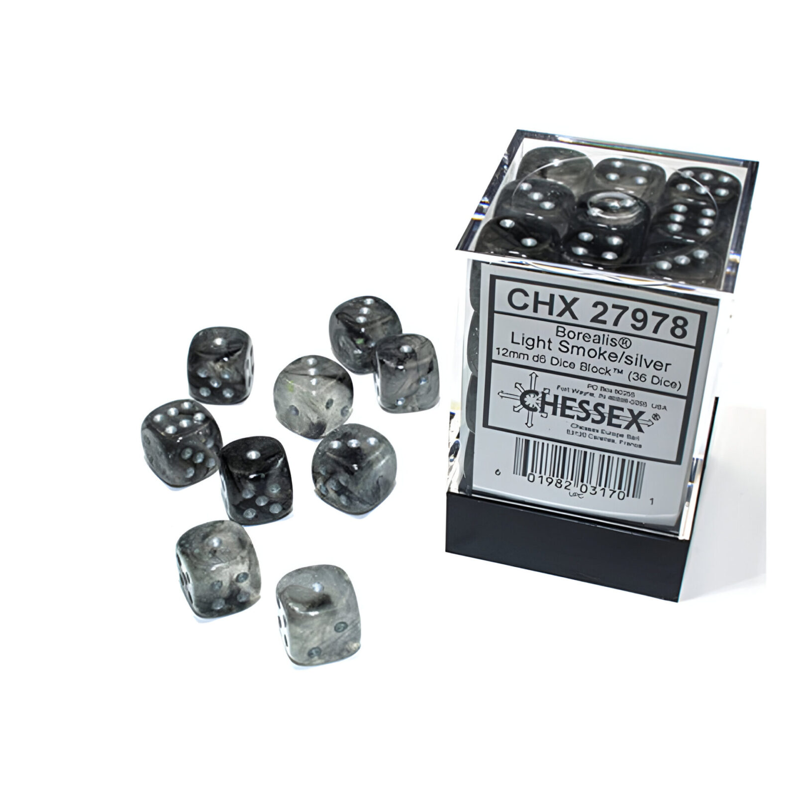 Chessex – Borealis 12mm D6 Dice Block – Luminary Light Smoke Silver Dice Block