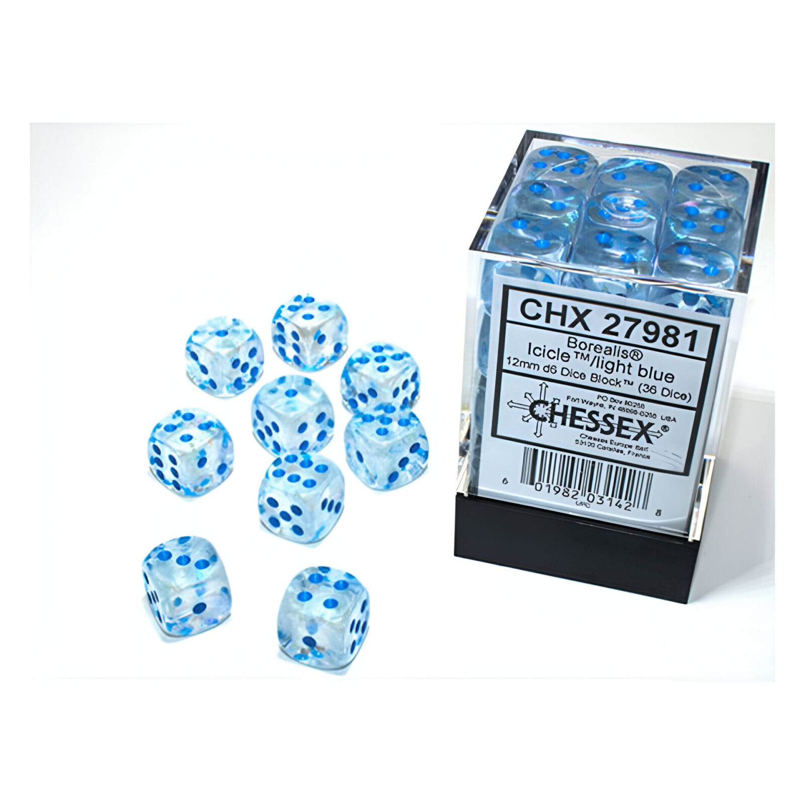 Chessex – Borealis 12mm D6 Dice Block – Luminary Icicle/light blue Luminary Dice Block