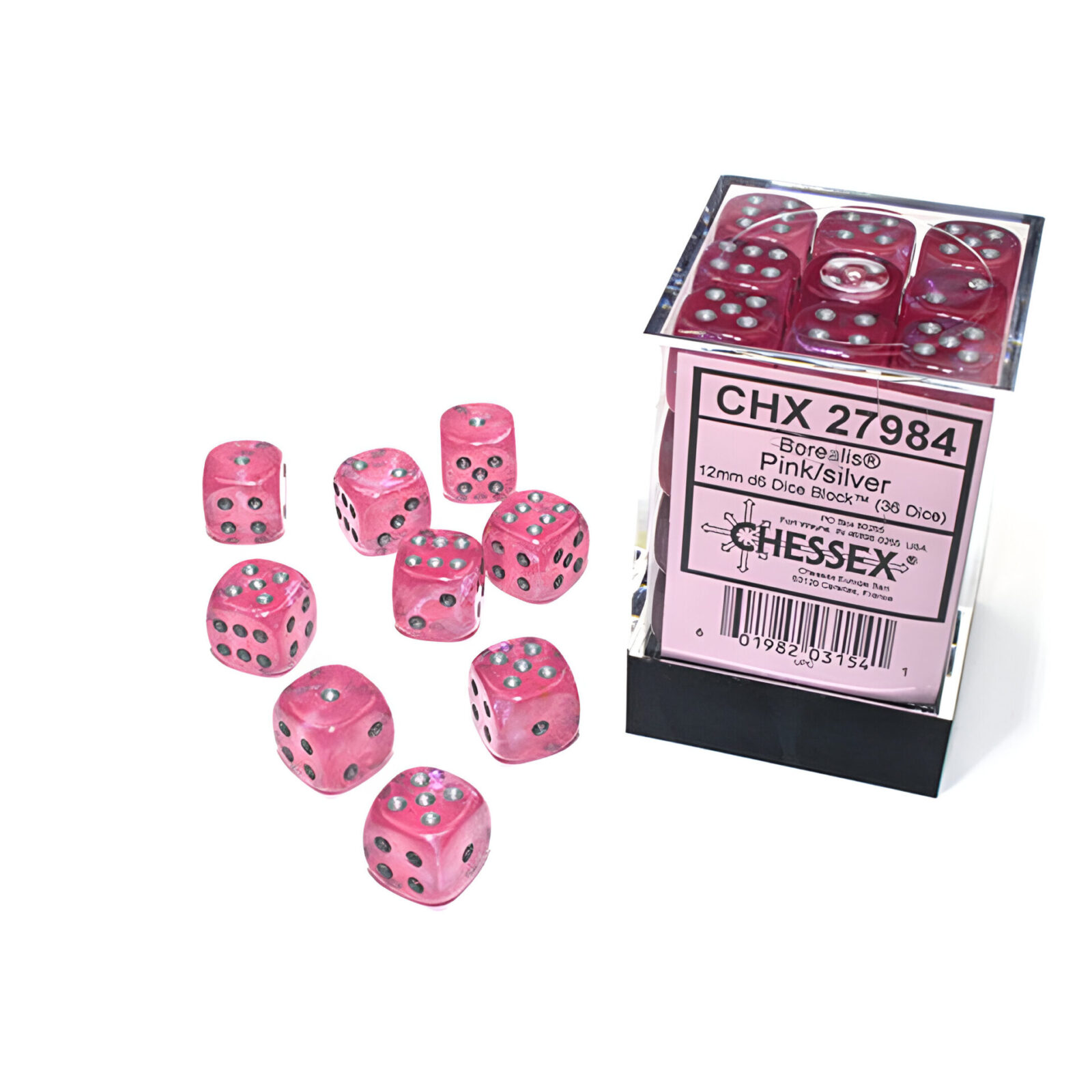 Chessex – Borealis 12mm D6 Dice Block – Luminary Pink & Silver Luminary Dice Block