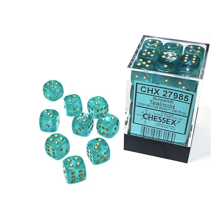 Chessex – Borealis 12mm D6 Dice Block – Luminary Teal & Gold Dice Block 3
