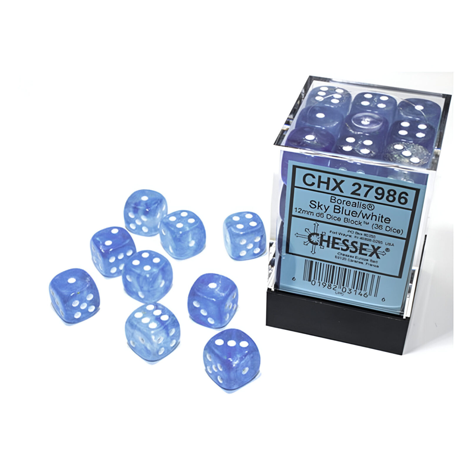 Chessex – Borealis 12mm D6 Dice Block – Luminary Sky Blue & White Dice Block