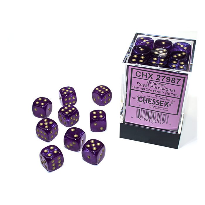 Chessex – Borealis 12mm D6 Dice Block – Luminary Royal Purple & Gold Dice Block