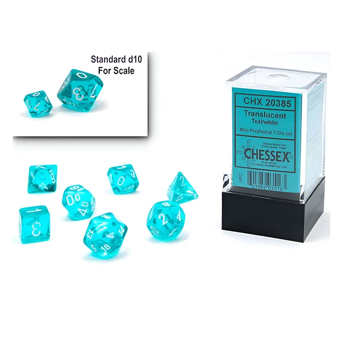 Chessex – Mini Translucent Polyhedral 7 Die Set – Teal & White 3
