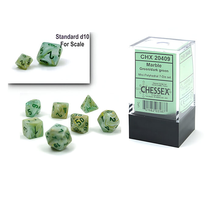 Chessex – Mini Marble Polyhedral 7 Die Set – Green & Dark Green