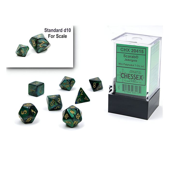 Chessex – Mini Scarab Polyhedral 7 Die Set – Jade & Gold 7-Die Set