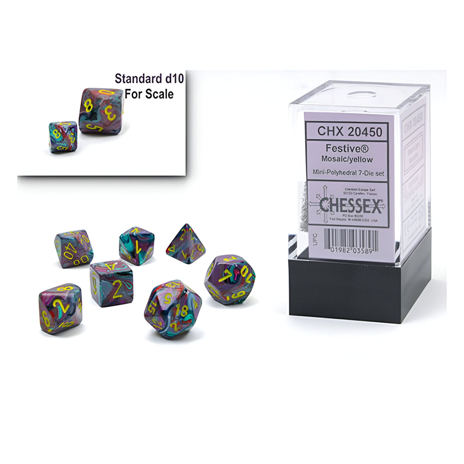 Chessex – Mini Festive Polyhedral 7 Die Set – Mosaic Yellow