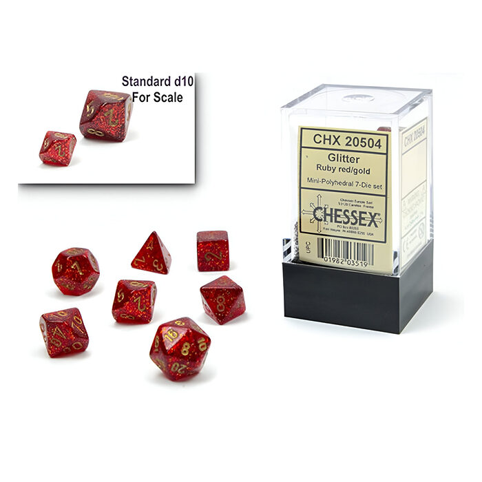 Chessex – Mini Glitter Polyhedral 7 Die Set – Ruby Gold