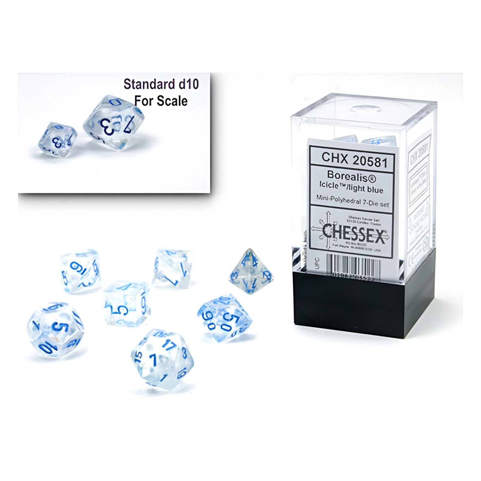 Chessex – Mini Borealis Polyhedral 7 Die Set – Luminary Icicle light Blue