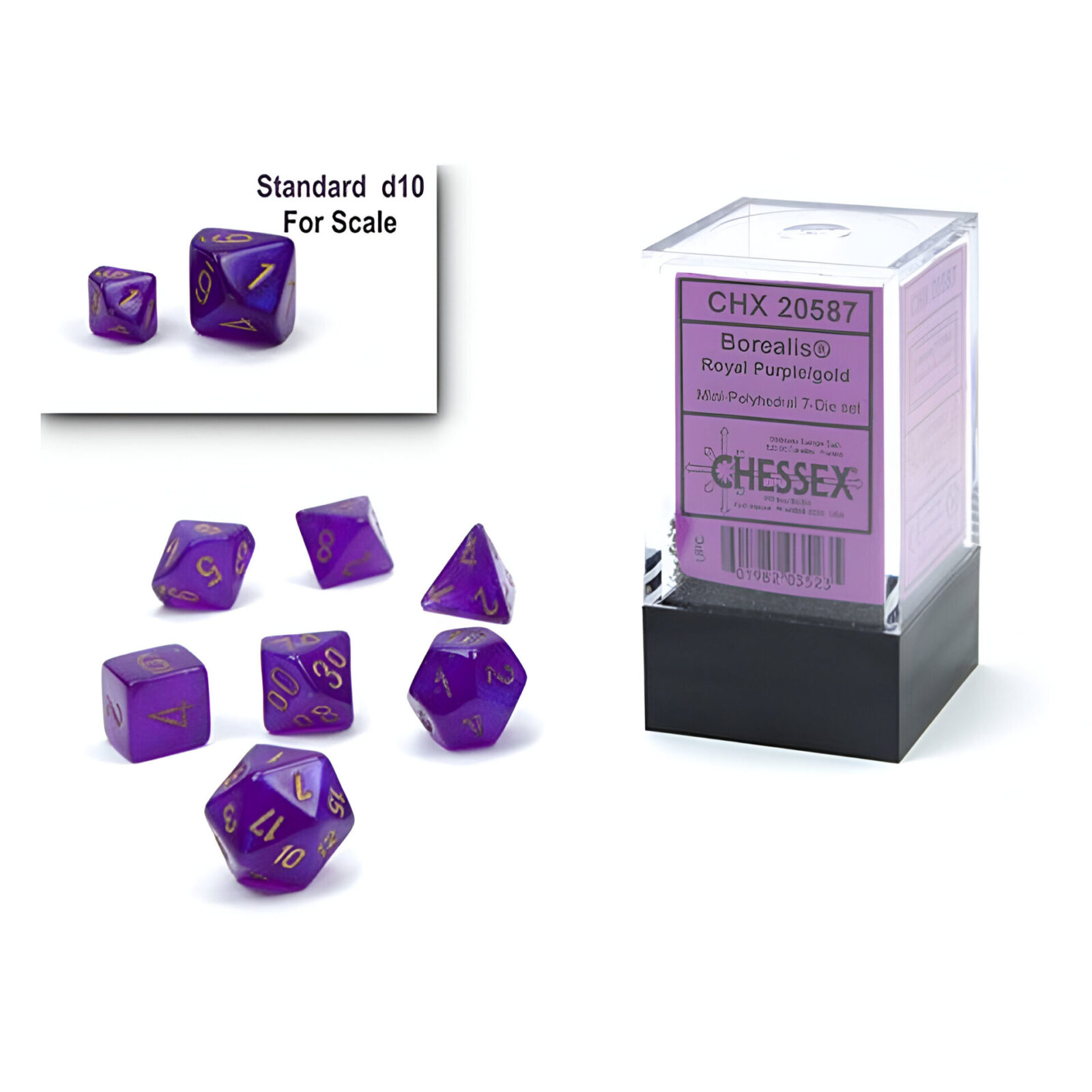 Chessex – Mini Borealis Polyhedral 7 Die Set – Luminary Royal Purple & Gold