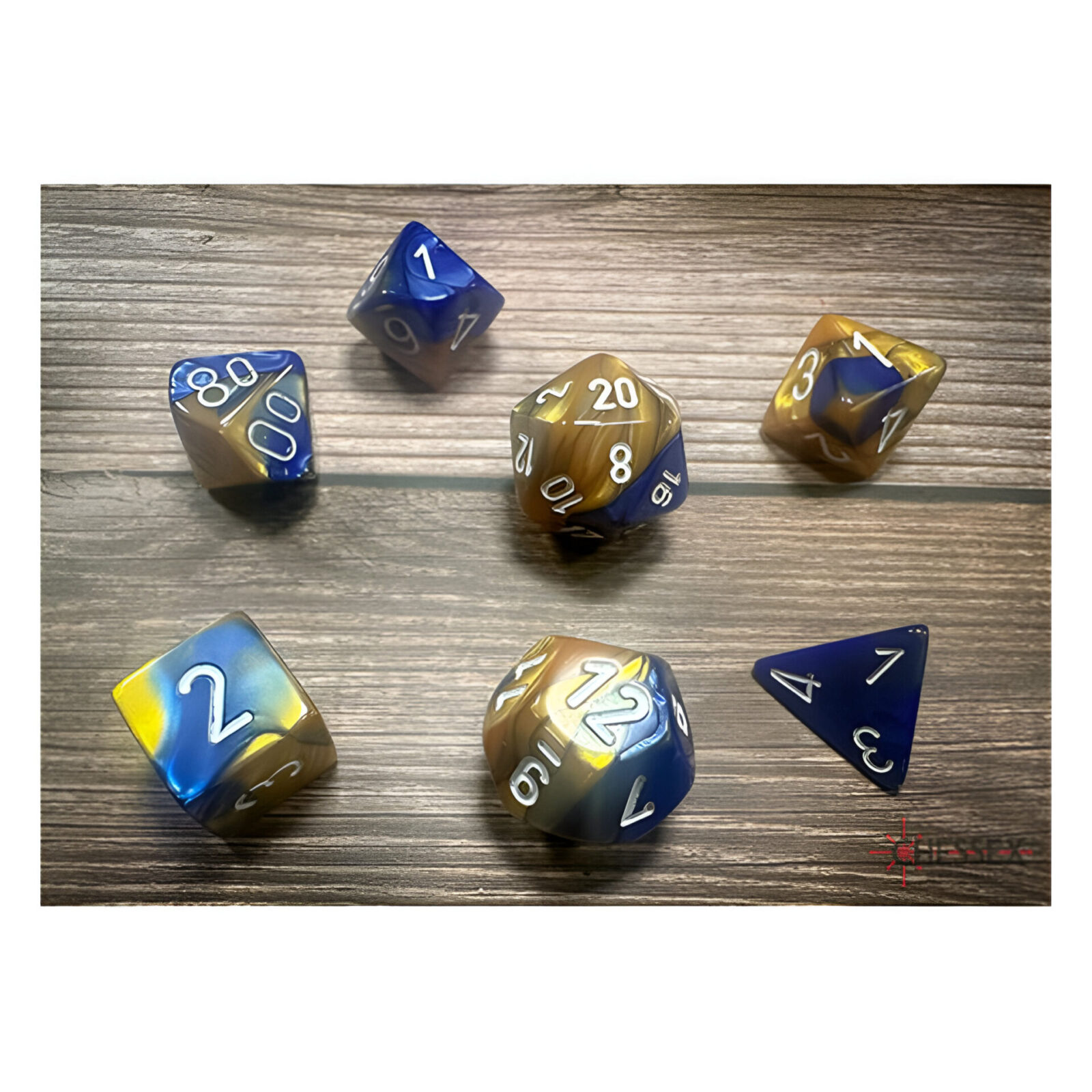 Chessex – Gemini Polyhedral 7 Dice Set – Blue, Gold & w/White