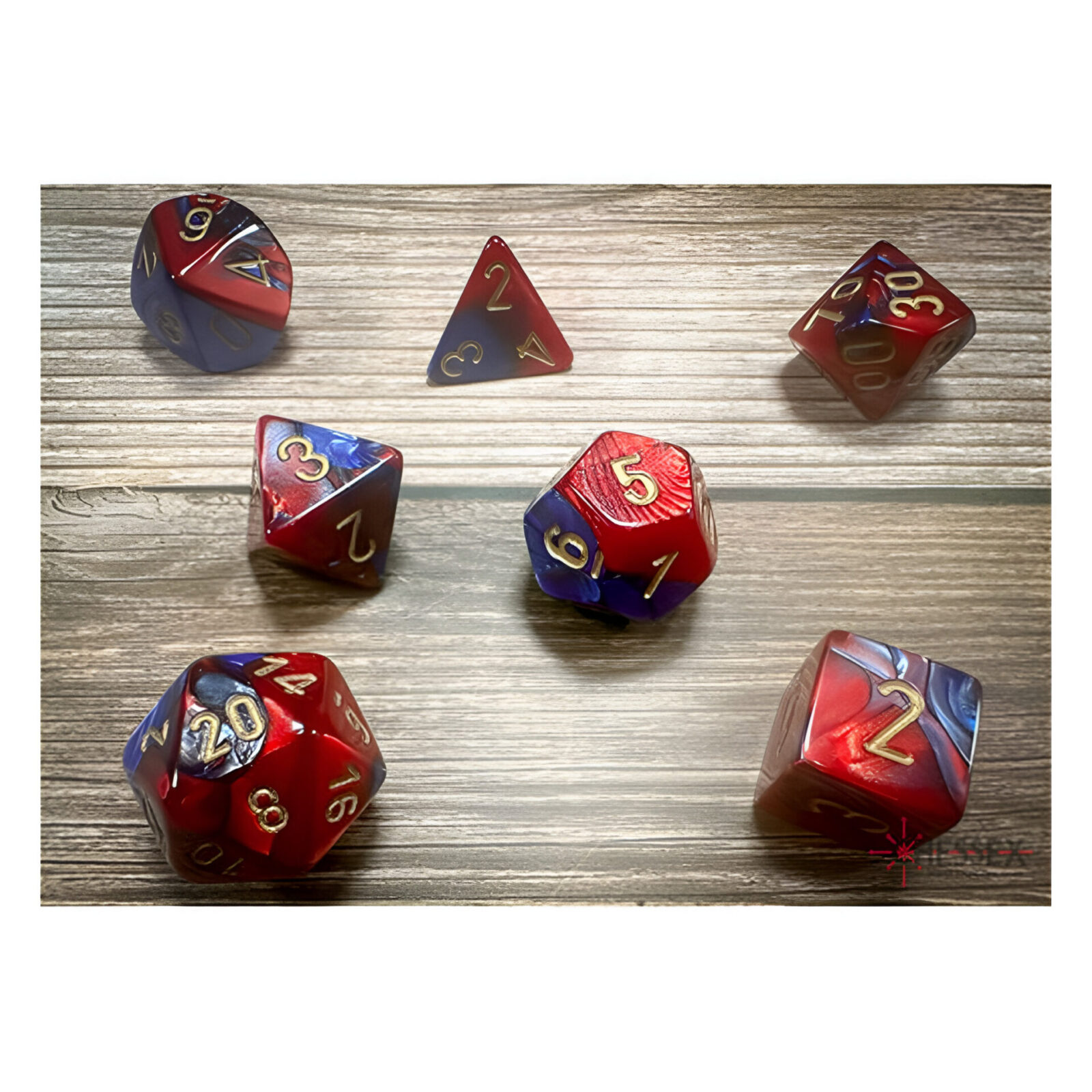 Chessex – Gemini Polyhedral 7 Dice Set – Blue-Red w/Gold