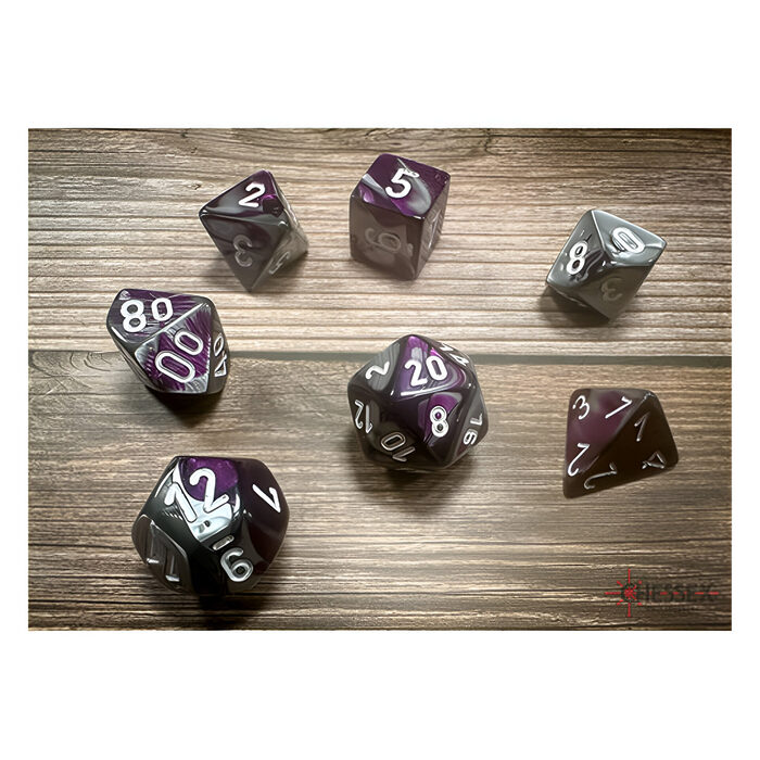 Chessex – Gemini Polyhedral 7 Dice Set – Purple-Steel w/White