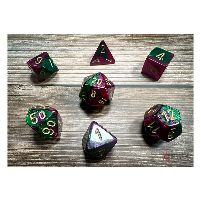 Chessex – Gemini Polyhedral 7 Dice Set – Green-Purple w/Gold