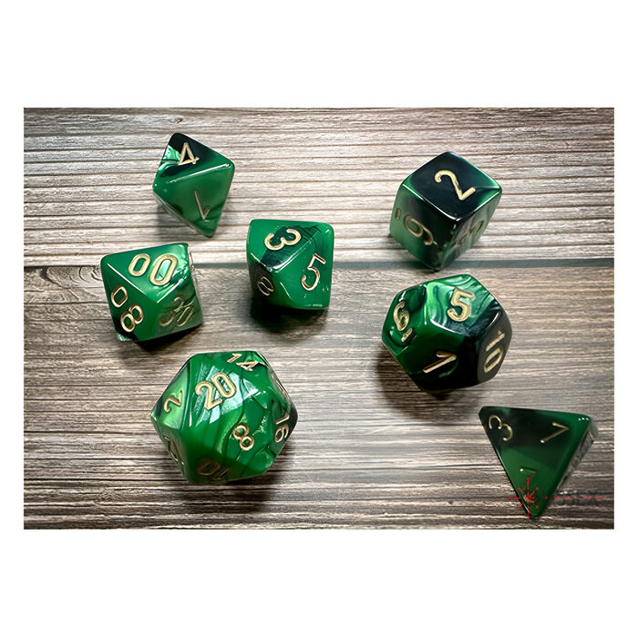 Chessex – Gemini Polyhedral 7 Dice Set – Black-Green w/Gold