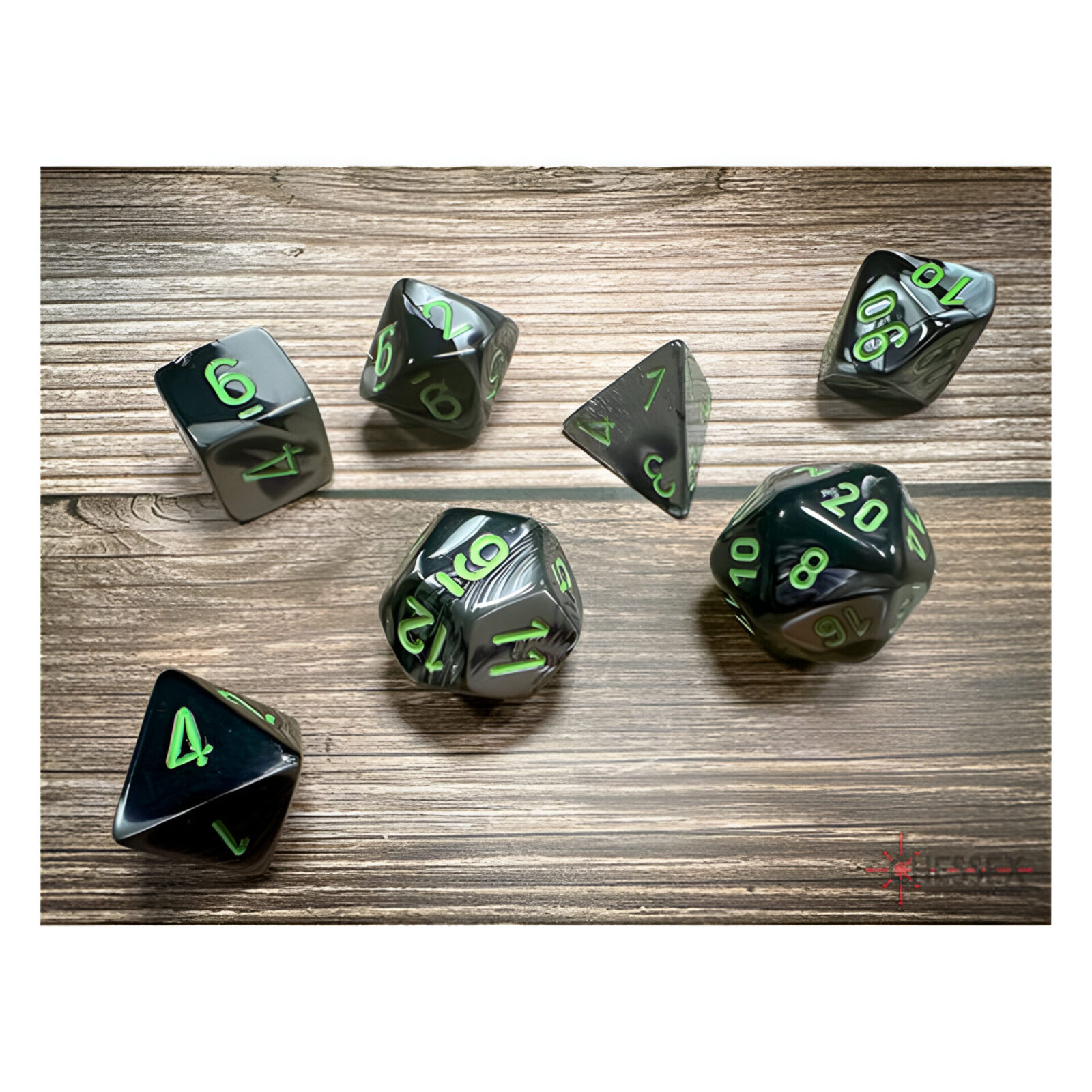 Chessex – Gemini Polyhedral 7 Dice Set – Black-Grey w/Green