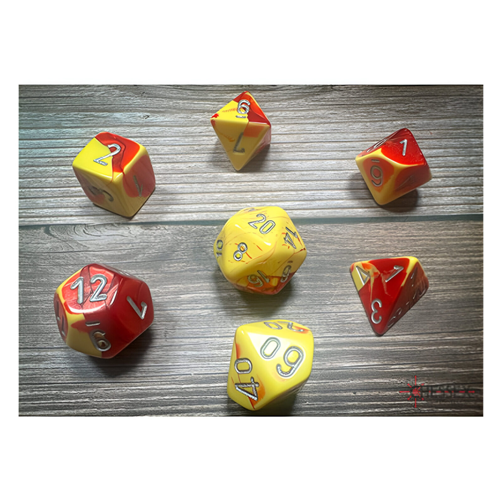 Chessex – Gemini Polyhedral 7 Dice Set – Red-Yellow w/Silver