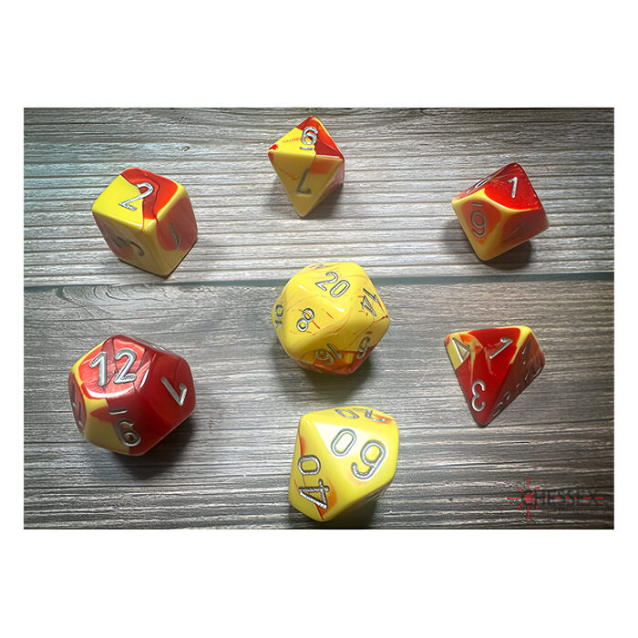 Chessex – Gemini Polyhedral 7 Dice Set – Red-Yellow w/Silver