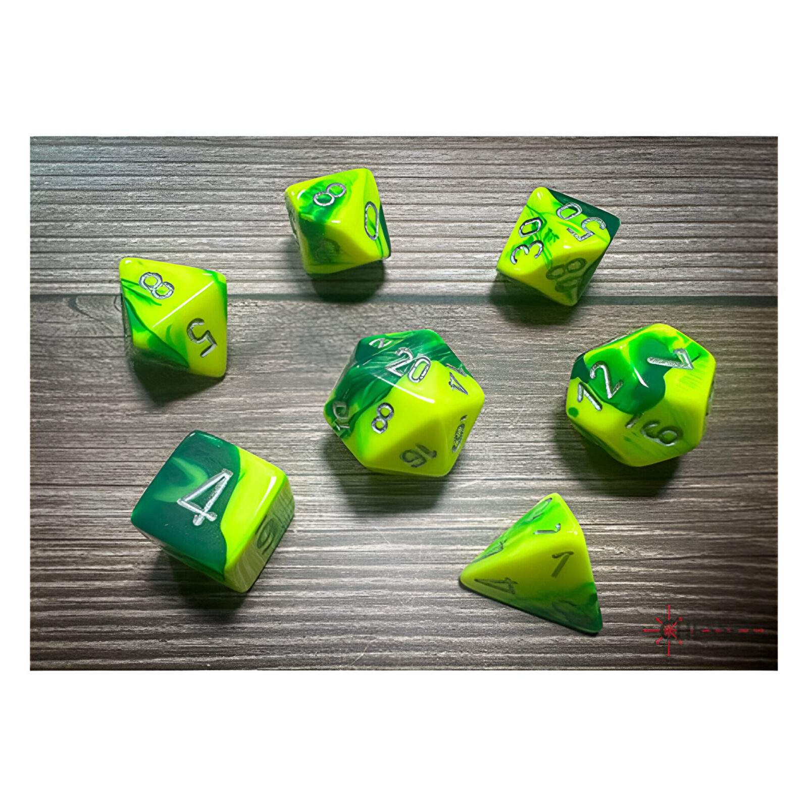 Chessex – Gemini Polyhedral 7 Dice Set – Green-Yellow w/Silver