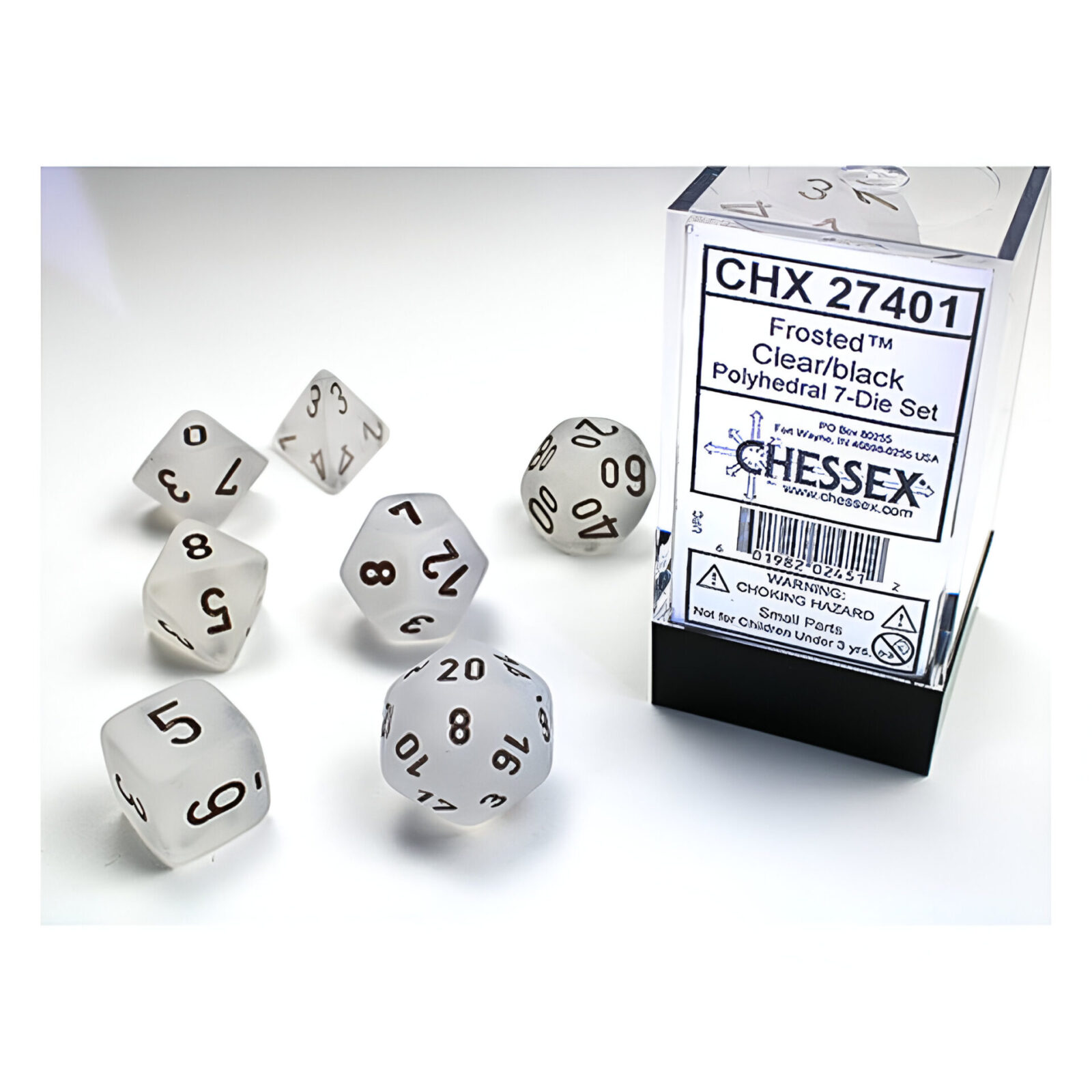 Chessex – Frosted Polyhedral 7 Dice Set – Clear w/Black