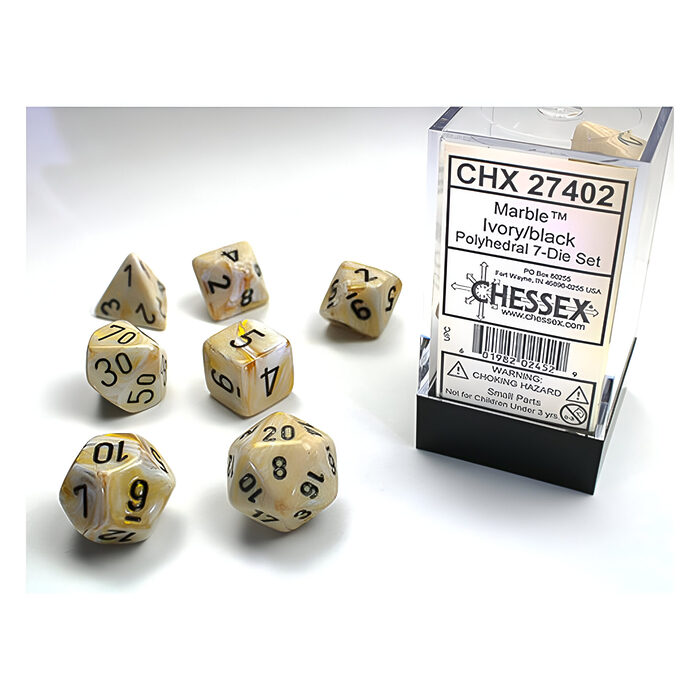 Chessex – Marble Polyhedral 7 Dice Set – Ivory w/Black