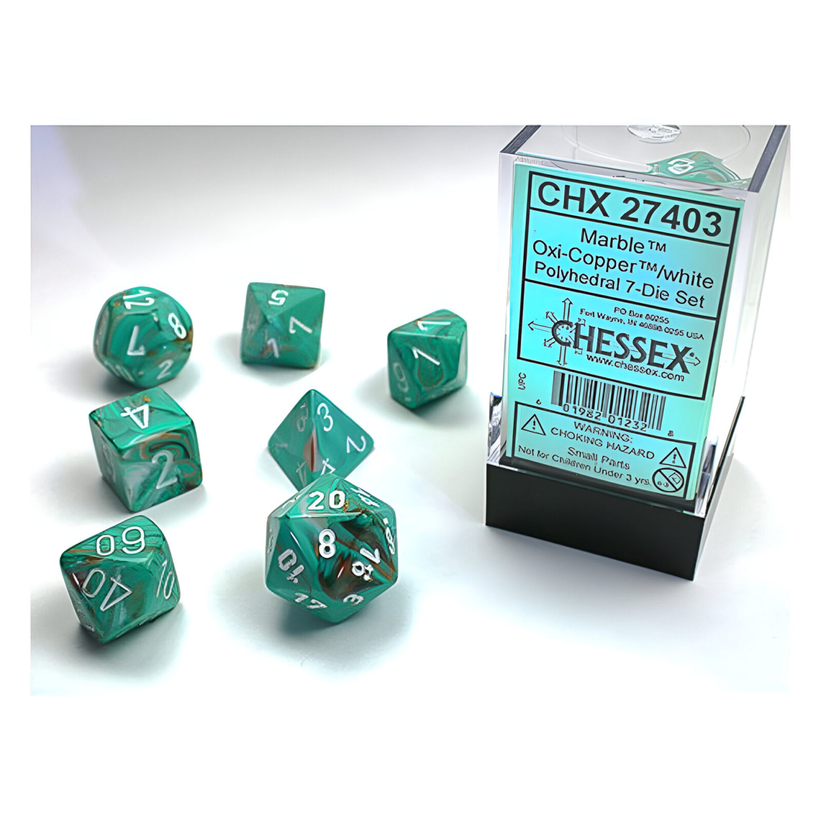 Chessex – Marble Polyhedral 7 Dice Set – Oxi-Copper & White