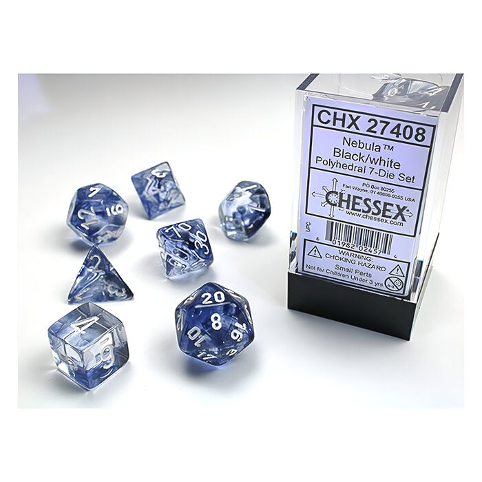 Chessex – Nebula Polyhedral 7 Dice Set – Black w/White