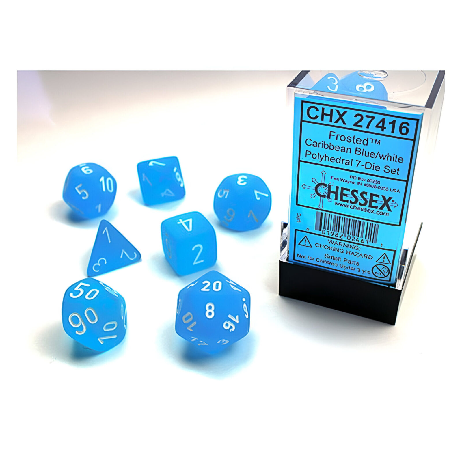 Chessex – Frosted Polyhedral 7 Dice Set – Caribbean Blue w/White