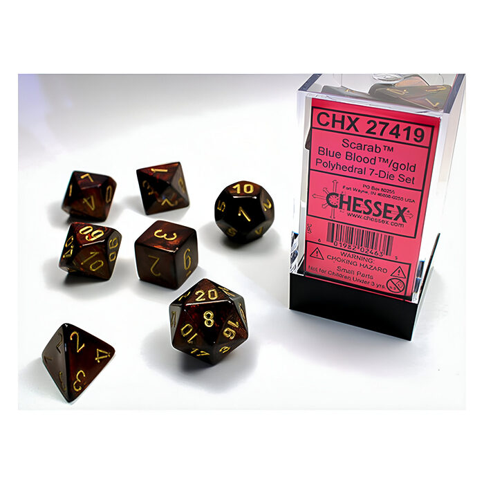 Chessex – Scarab Polyhedral 7 Dice Set – Blue Blood w/Gold