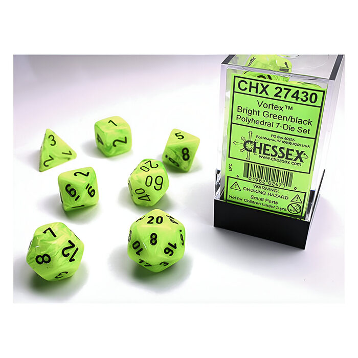 Chessex – Vortex Polyhedral 7 Dice Set – Bright Green w/Black