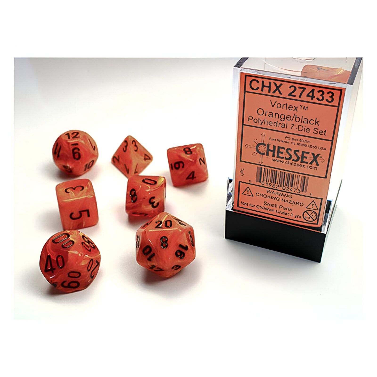 Chessex – Vortex Polyhedral 7 Dice Set – Orange w/Black