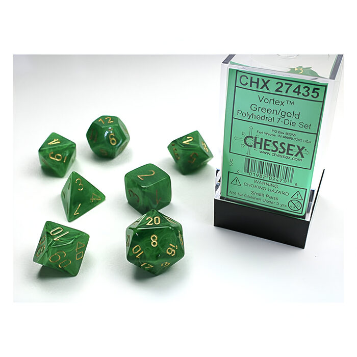 Chessex – Vortex Polyhedral 7 Dice Set – Green w/Gold