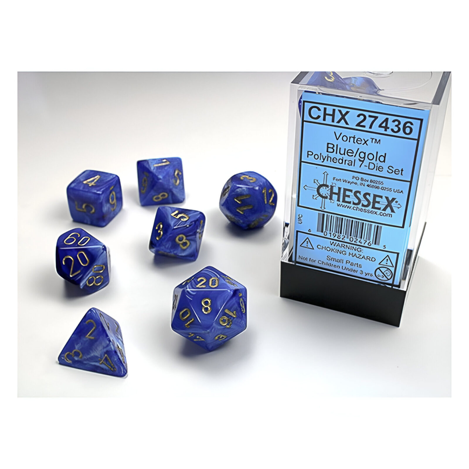 Chessex – Vortex Polyhedral 7 Dice Set – Blue w/Gold