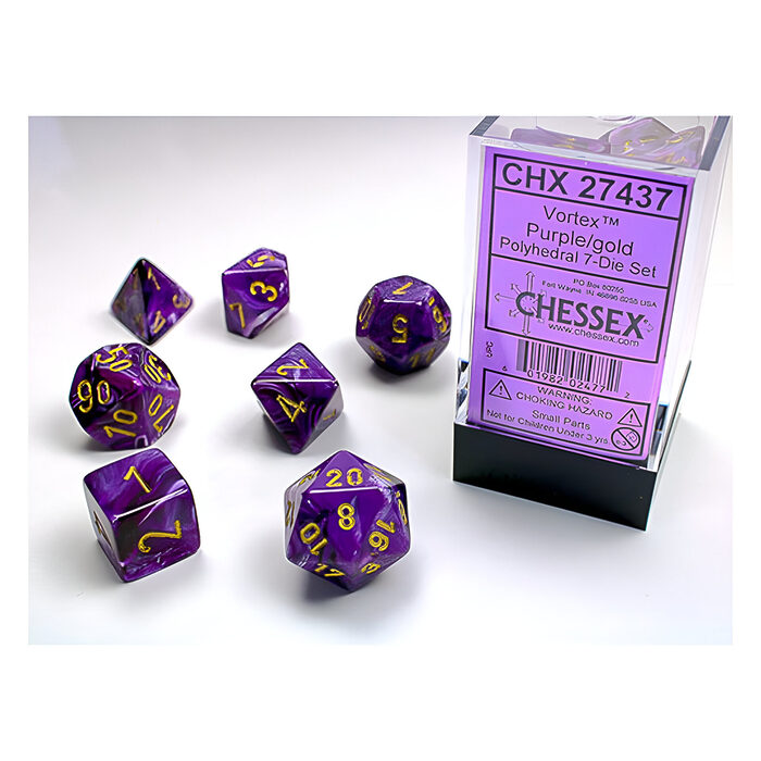 Chessex – Vortex Polyhedral 7 Dice Set – Purple w/Gold