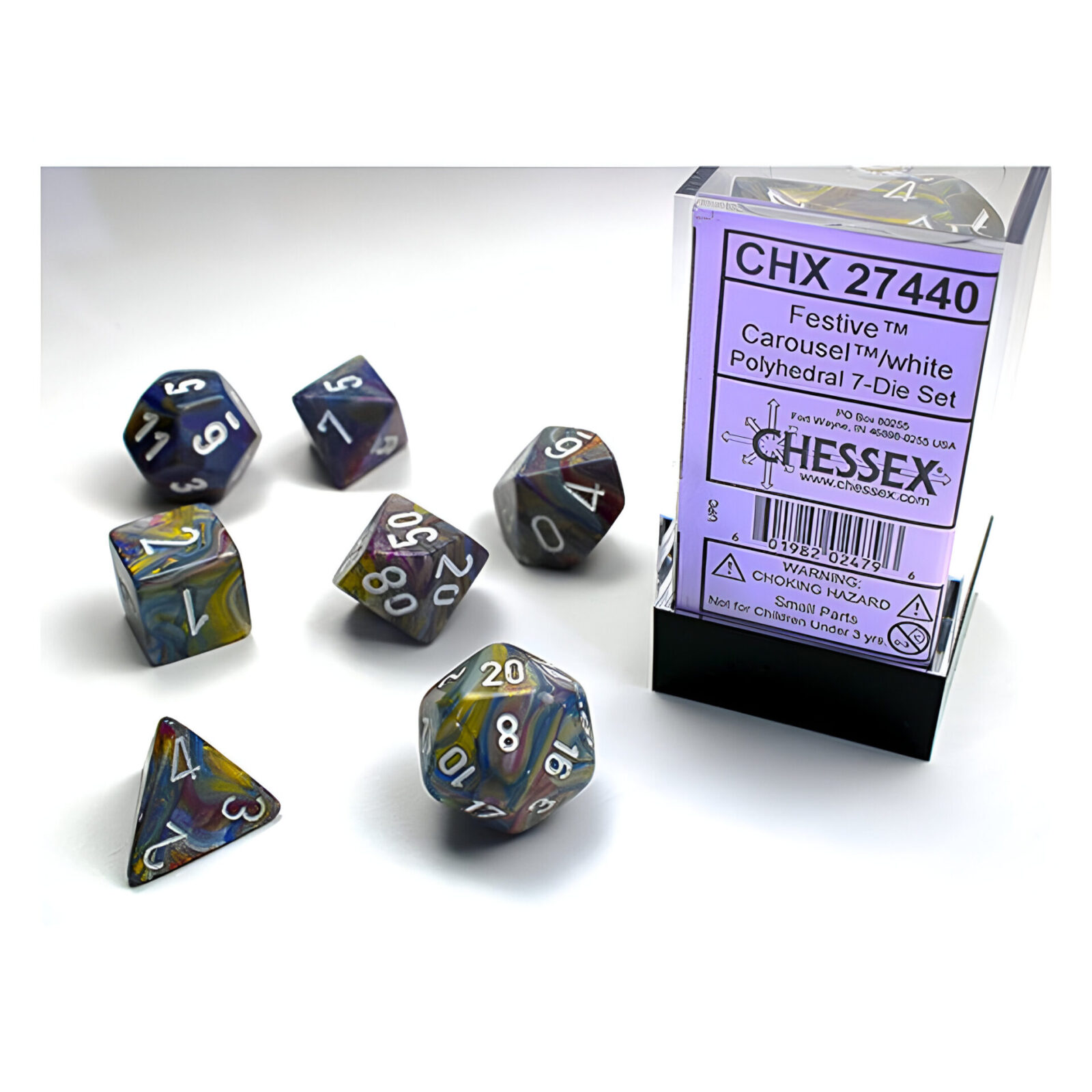 Chessex – Festive Polyhedral 7 Dice Set – Carousel w/White