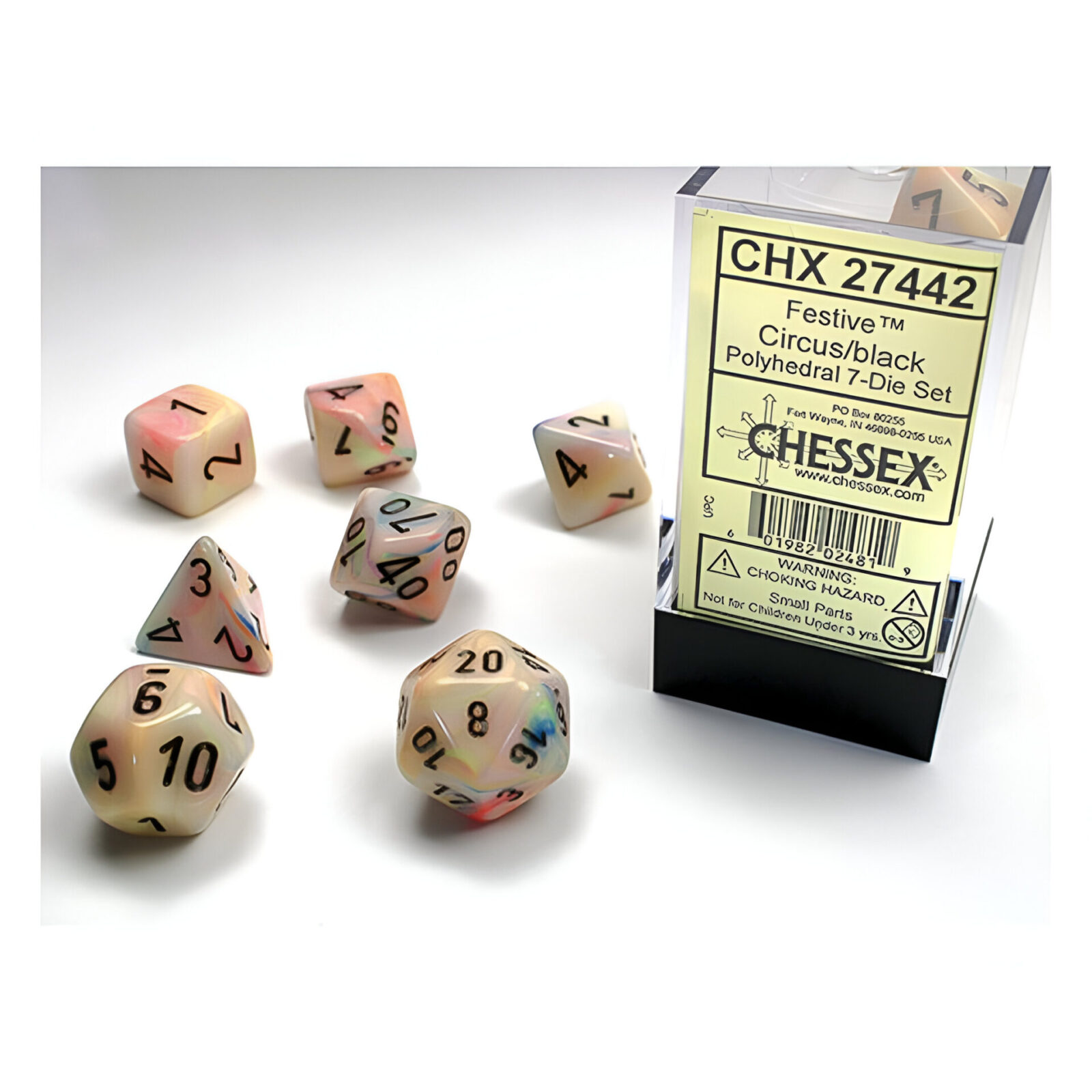 Chessex – Festive Polyhedral 7 Dice Set – Circus w/Black